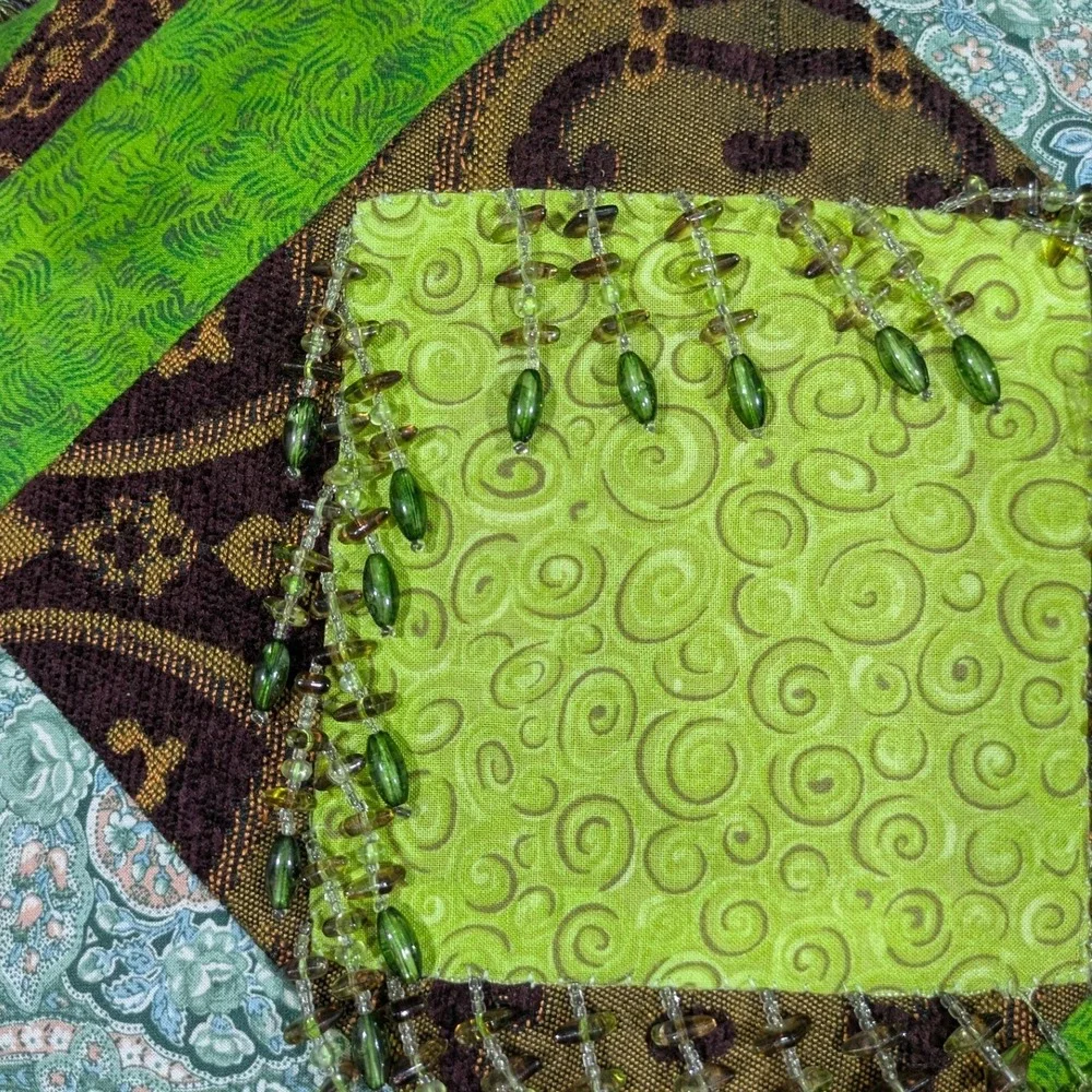 Bohemian Gypsy Hippie Green Purple Patchwork Beaded Throw Pillow 18 x 18